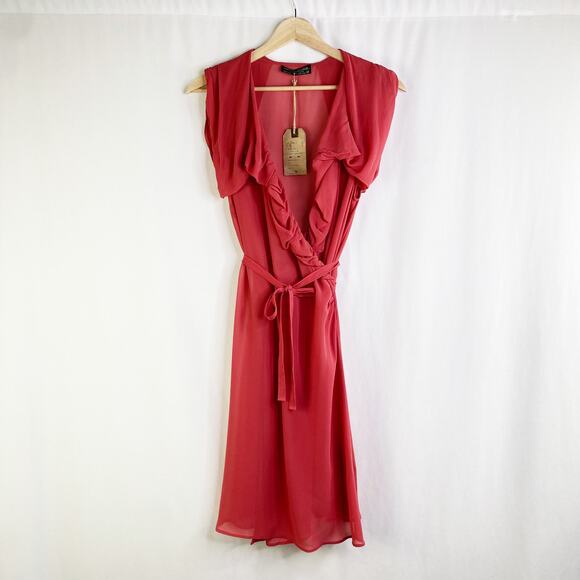 Allsaints Spitalfields Pink Puff Ruffle Wrap Dress 100% Silk 12 NWT - Picture 1 of 6